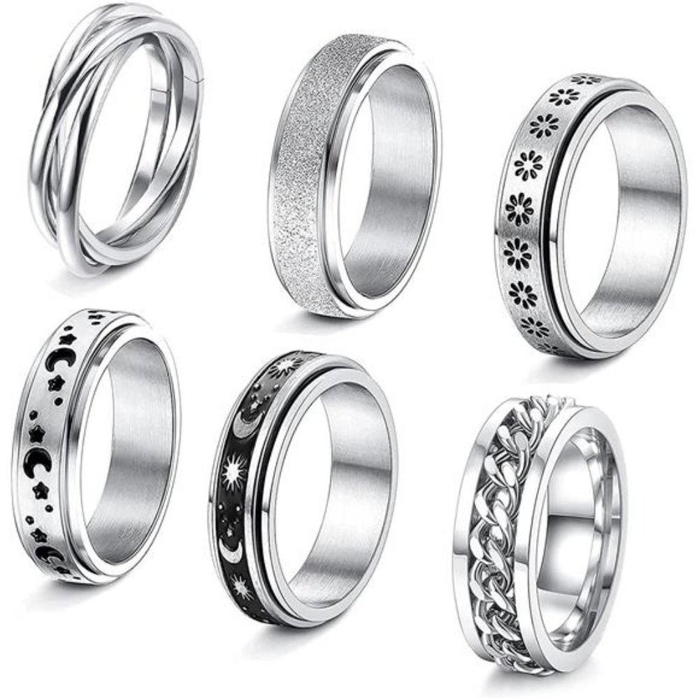 6Pcs Stainless Steel Fidget Band Rings for Women, Moon Star Spinner Rings